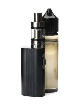 Electronic smoking device and vaping liquid on white background Stock Photos