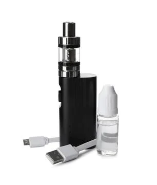 Electronic smoking device, vaping liquid and charging cable on white backgrou Stock Photos