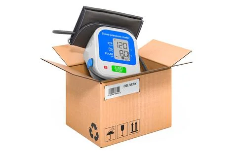 Electronic sphygmomanometer inside cardboard box, delivery concept. 3D render 스톡 일러스트