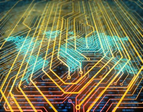 Electronic technology network data, world map, smart circuit board Illustrazione stock