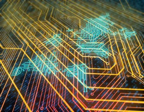 Electronic technology network data, world map, smart circuit board Stockillustratie