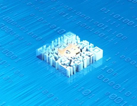 Electronic technology QR code, bitcoin symbol, data transmission 스톡 일러스트