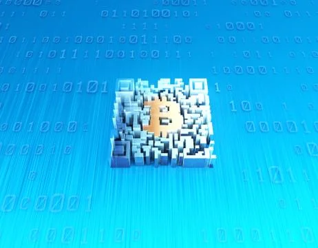 Electronic technology QR code, bitcoin symbol, data transmission Stockillustratie