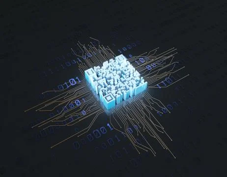 Electronic technology QR code, circuit board, data transmission Illustrazione stock