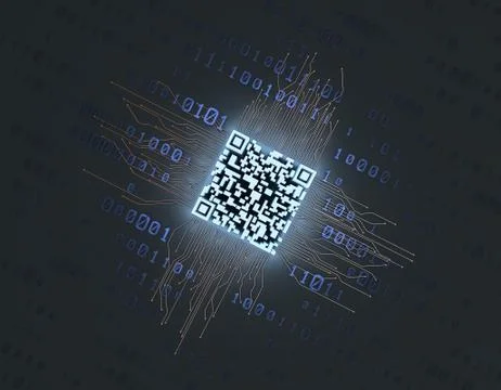 Electronic technology QR code, circuit board, data transmission Illustrazione stock