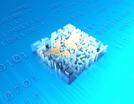 Electronic technology QR code, world map, data transmission 库存插图