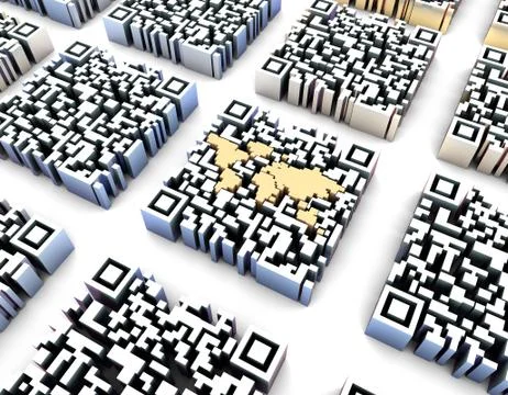 Electronic technology QR code, world map, data transmission Stock Illustration
