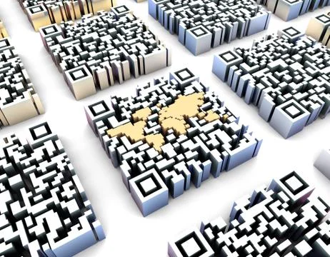 Electronic technology QR code, world map, data transmission 스톡 일러스트