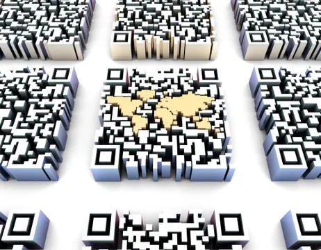 Electronic technology QR code, world map, data transmission 스톡 일러스트