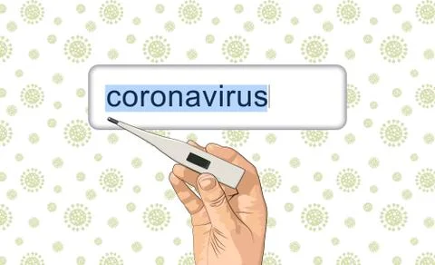 Electronic thermometer in hand on a white background with corona virus Illustrazione stock