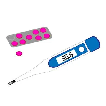 Electronic thermometer for measuring body temperature and packaging of tablet Stock Illustration