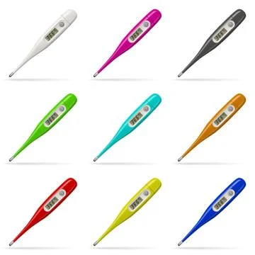 Electronic thermometers. Digital thermometers set of different colors. Isolated Stock Illustration