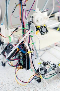 Electronic three dimensional plastic printer during work in school laboratory Stock Photos
