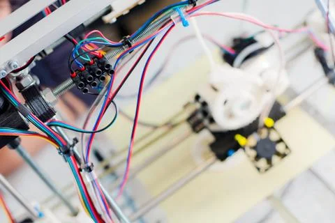 Electronic three dimensional plastic printer during work in school laboratory Stock Photos