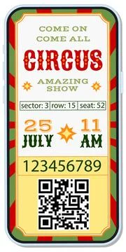 Electronic ticket to the circus on your mobile phone. Stock Illustration