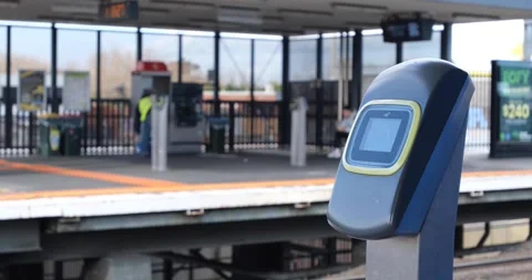 Electronic ticket machine for myki cards at a metro train station in Melbourne Stock Footage 277086244