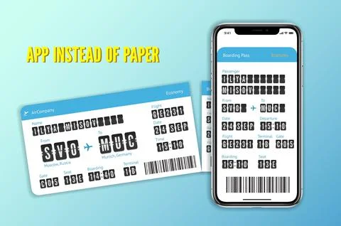 Electronic ticket. Mobile app boarding pass. Online flight check in card. Vector Stock Illustration