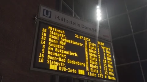 Electronic timetable at Cologne main station Hbf displays real-time train Stock Footage 285626653