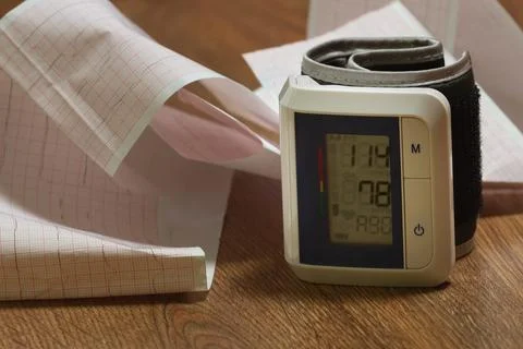 Electronic tonometer on the background of a cardiogram Stock Photos
