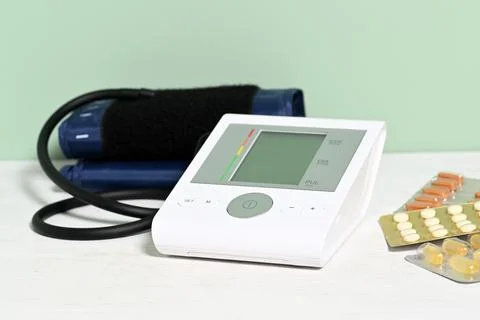 Electronic tonometer device with pills Stock Photos