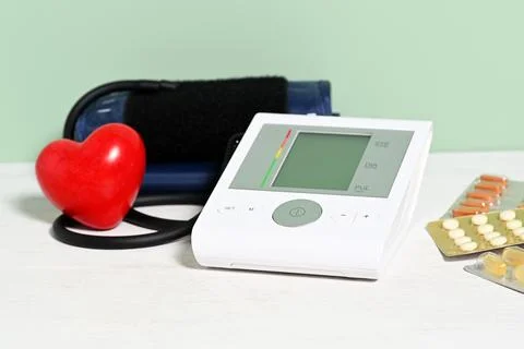 Electronic tonometer device with red heart and pills Stock Photos