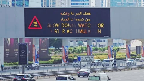 Electronic traffic sign over Sheikh Zayed Road in Dubai warning drivers Stock-Footage 328371353