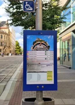 Electronic tram schedule display in Brno, Czech Republic Stock Photos