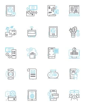 Electronic transactions linear icons set. Digital, Payment, Virtual, Cashless, E Stock Illustration