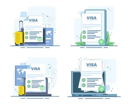 Electronic visa set showing approved online applications Stock Illustration
