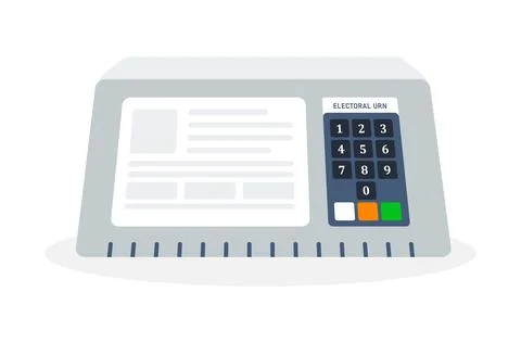 Electronic voting machine with a display screen and numeric keypad, labeled Stock-Illustration