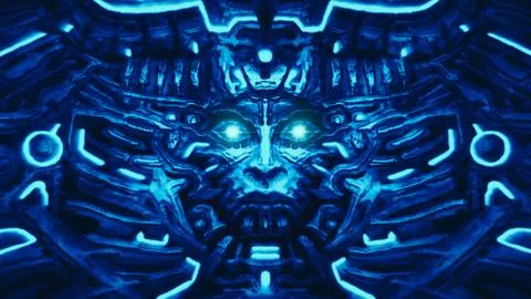 Electronic wall with bas-relief and protruding robot head. Blue color. Stock Illustration
