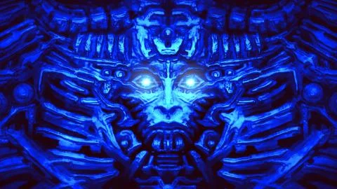 Electronic wall with bas-relief and protruding robot head. Blue color. Stock Illustration