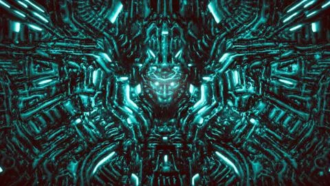 Electronic wall with bas-relief and protruding robot head. Marine color. Stock Illustration