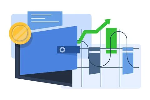 Electronic Wallet concept, development, coding. Coin, growth, analysis, earnings 스톡 일러스트