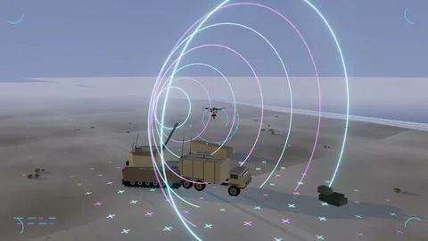 Electronic warfare corridor coordinates a drone strike along a coastal 스톡 동영상 342908681