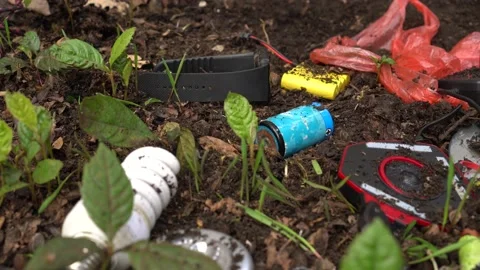 Electronic waste: discarded in landfills computers, mice, keyboards, phones Stock Footage 133984630