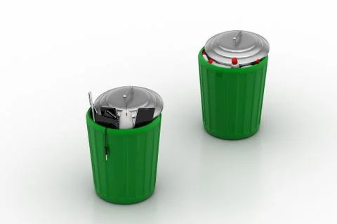 Electronic waste with plastic waste in green trash can Illustrazione stock gratuita