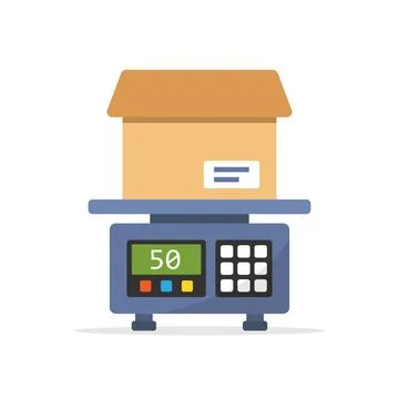 Electronic weight scale for cargo in flat style. Cardboard measuring vector.. Illustrazione stock