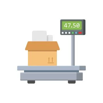 Electronic weight scale for cargo in flat style. Cardboard measuring vector.. Illustrazione stock