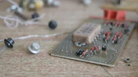 Electronical Devices On Work Desk At The Engineer. Retro Transistors Video stock 98997569