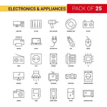 Electronics and Appliances Black Line Icon - 25 Business Outline Icon Set Stock Illustration