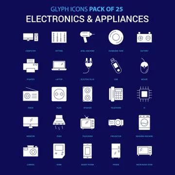 Electronics and Appliances White icon over Blue background. 25 Icon Pack Stock Illustration