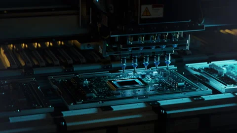 Electronics and Circuit board Manufacturing Factory. Pick and Place Machine Stock Footage 241488240