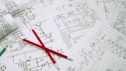 Electronics and Engineering. Printed drawings of electrical circuits. Stock Footage 144123931