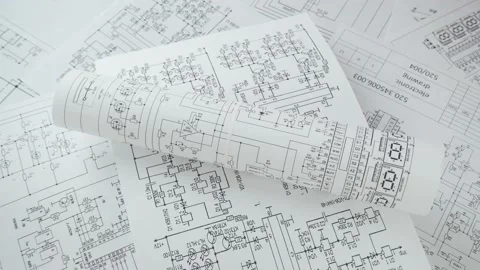 Electronics and Engineering. Printed drawings of electrical circuits. Stock Footage 168323654