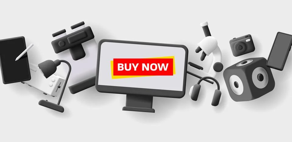 Electronics and kitchen smart gadgets, internet of things 3d icons sale banne Stock Illustration