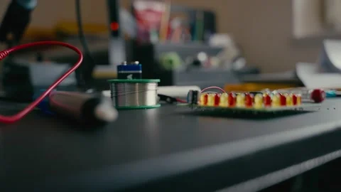 Electronics Assembly Workbench Featuring Led Circuits and Soldering Tools 库存影片 331165937