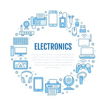 Electronics circle poster with flat line icons. Wifi internet connection Stock Illustration
