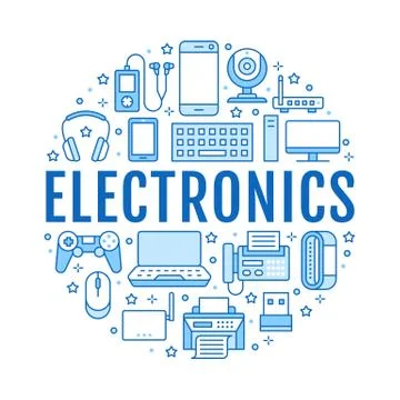 Electronics circle poster with flat line icons. Wifi internet connection Stock Illustration