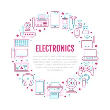 Electronics circle poster with flat line icons. Wifi internet connection Stock Illustration